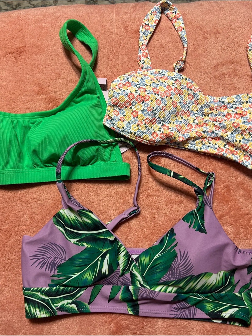 Women’s Purple Tropical Leaf, Green & Multi flower Bikini Top